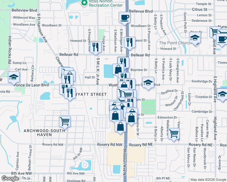 map of restaurants, bars, coffee shops, grocery stores, and more near 1727 Crawford Avenue in Clearwater