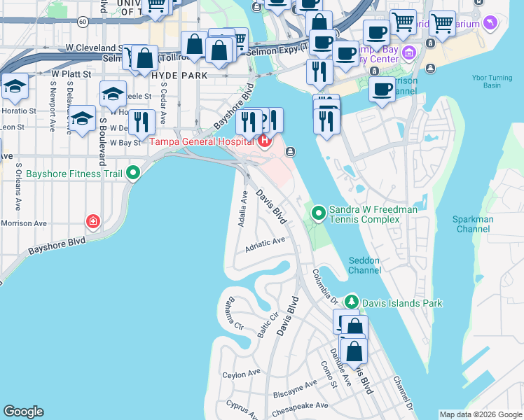 map of restaurants, bars, coffee shops, grocery stores, and more near 36 Aegean Avenue in Tampa