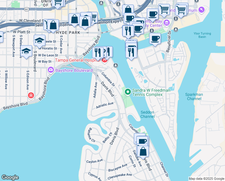 map of restaurants, bars, coffee shops, grocery stores, and more near 43 Davis Boulevard in Tampa