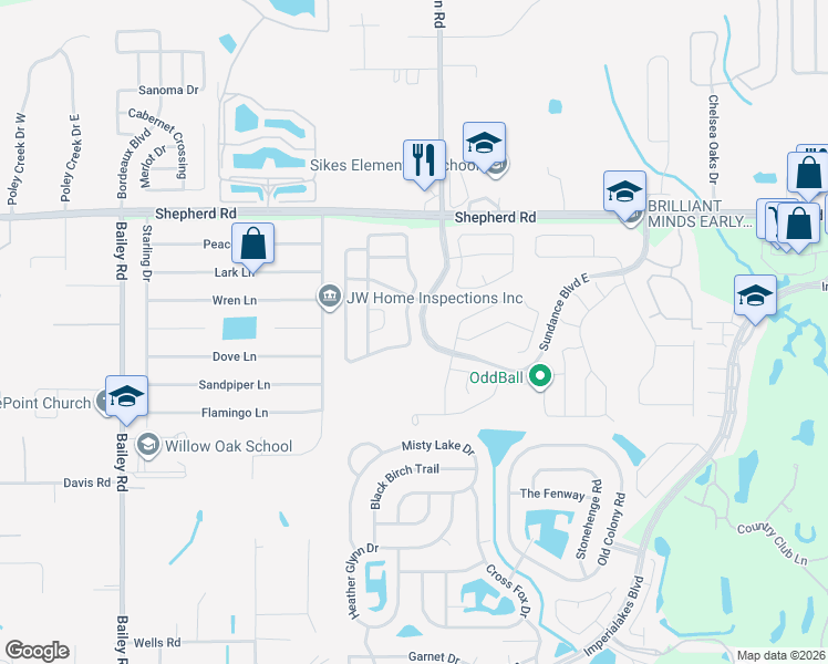 map of restaurants, bars, coffee shops, grocery stores, and more near 2503 Brownwood Drive in Mulberry