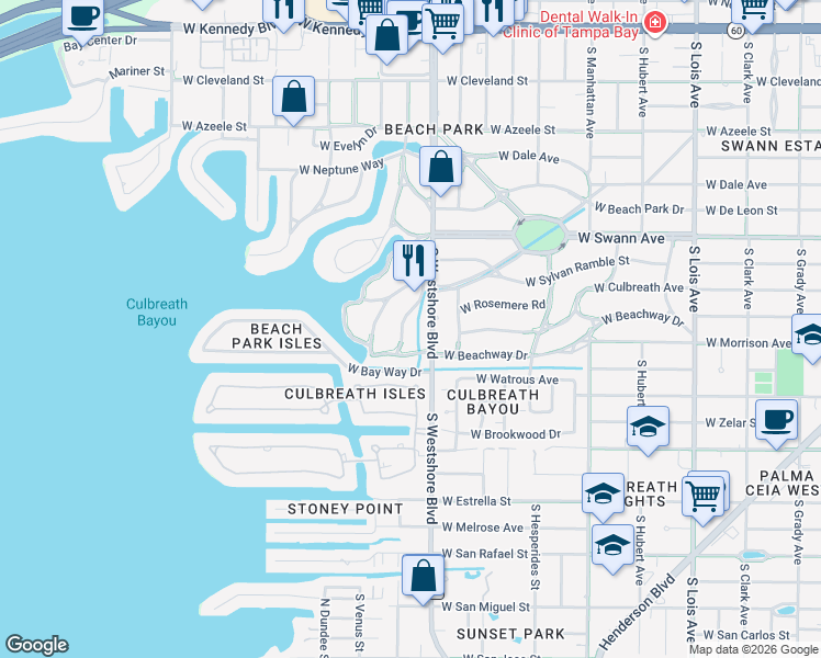 map of restaurants, bars, coffee shops, grocery stores, and more near 812 Grove Park Avenue in Tampa