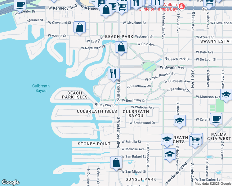 map of restaurants, bars, coffee shops, grocery stores, and more near 813 South West Shore Boulevard in Tampa