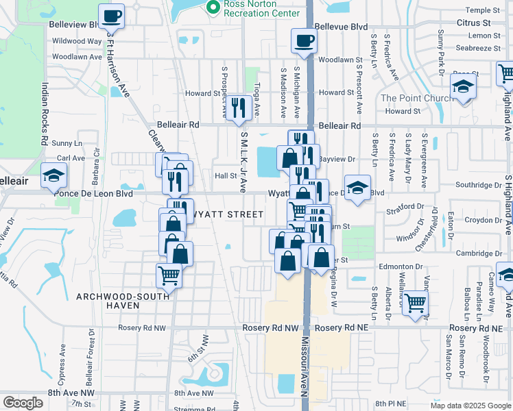 map of restaurants, bars, coffee shops, grocery stores, and more near 1719 Tioga Avenue in Clearwater