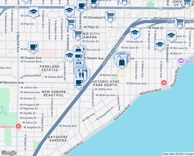 map of restaurants, bars, coffee shops, grocery stores, and more near 905 South Bruce Street in Tampa