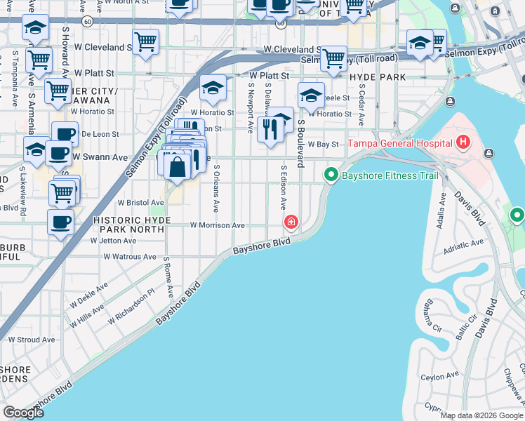 map of restaurants, bars, coffee shops, grocery stores, and more near 818 South Newport Avenue in Tampa
