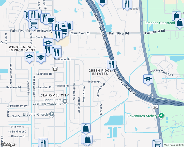 map of restaurants, bars, coffee shops, grocery stores, and more near 8501 Fish Lake Road in Tampa