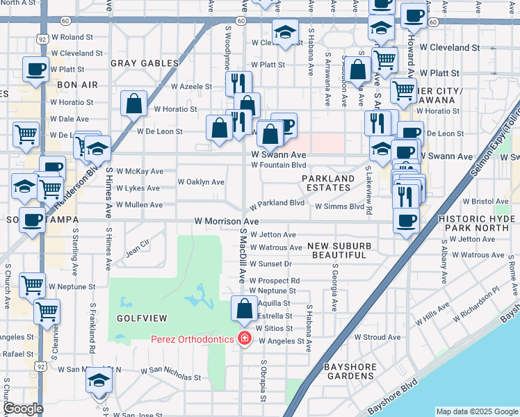map of restaurants, bars, coffee shops, grocery stores, and more near 2902 West Parkland Boulevard in Tampa