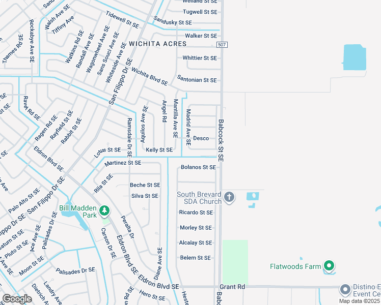 map of restaurants, bars, coffee shops, grocery stores, and more near 1624 Espejo Street Southeast in Palm Bay