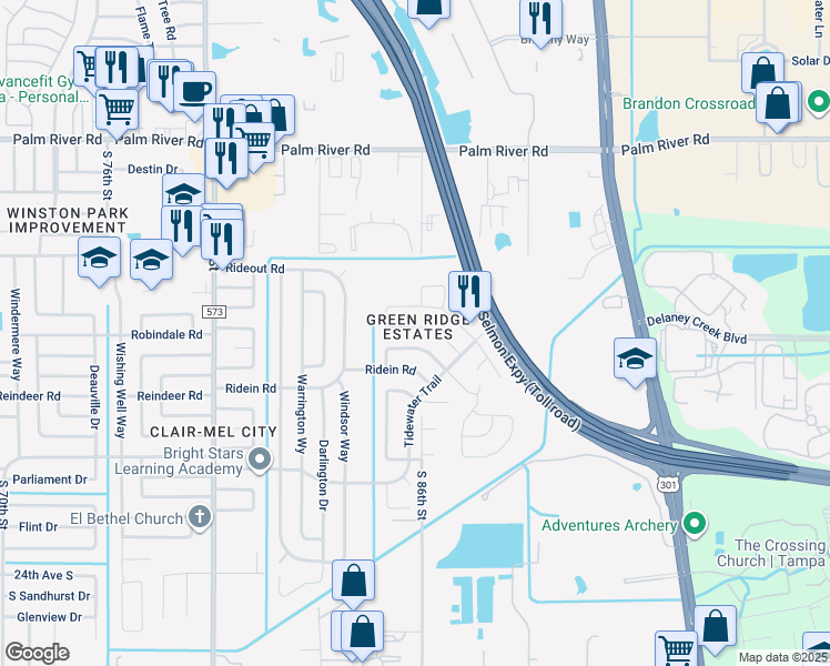 map of restaurants, bars, coffee shops, grocery stores, and more near 8515 Fish Lake Road in Tampa
