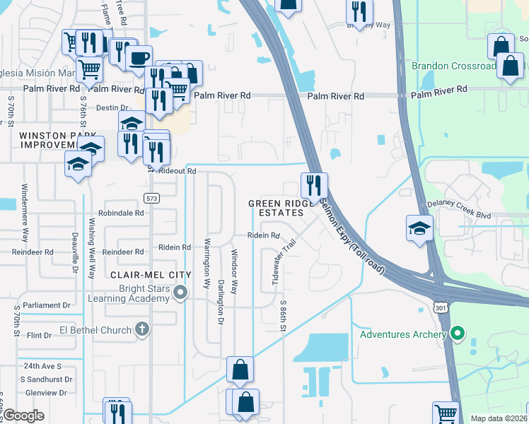 map of restaurants, bars, coffee shops, grocery stores, and more near 8501 Fish Lake Road in Tampa