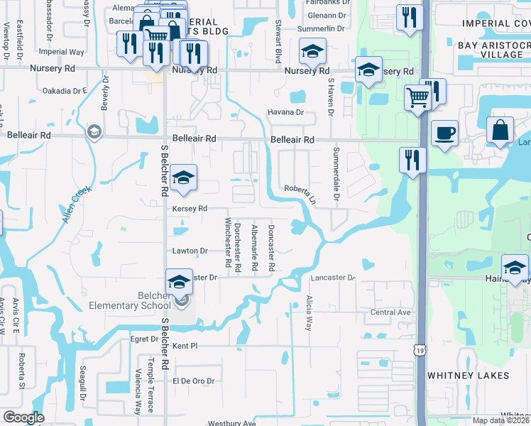 map of restaurants, bars, coffee shops, grocery stores, and more near 2366 Pembrook Drive in Clearwater