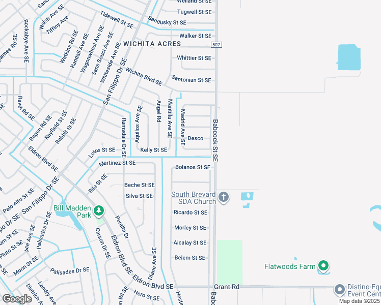 map of restaurants, bars, coffee shops, grocery stores, and more near 1624 Espejo Street Southeast in Palm Bay