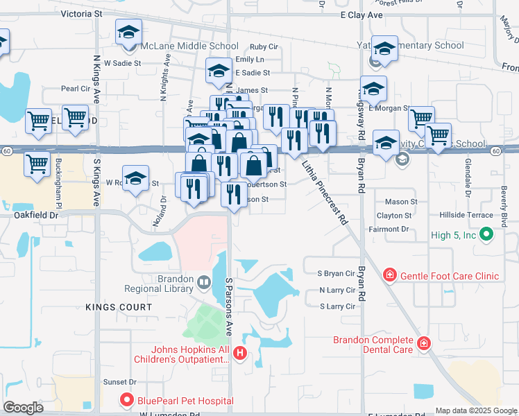 map of restaurants, bars, coffee shops, grocery stores, and more near 207 Terrell Lane in Brandon