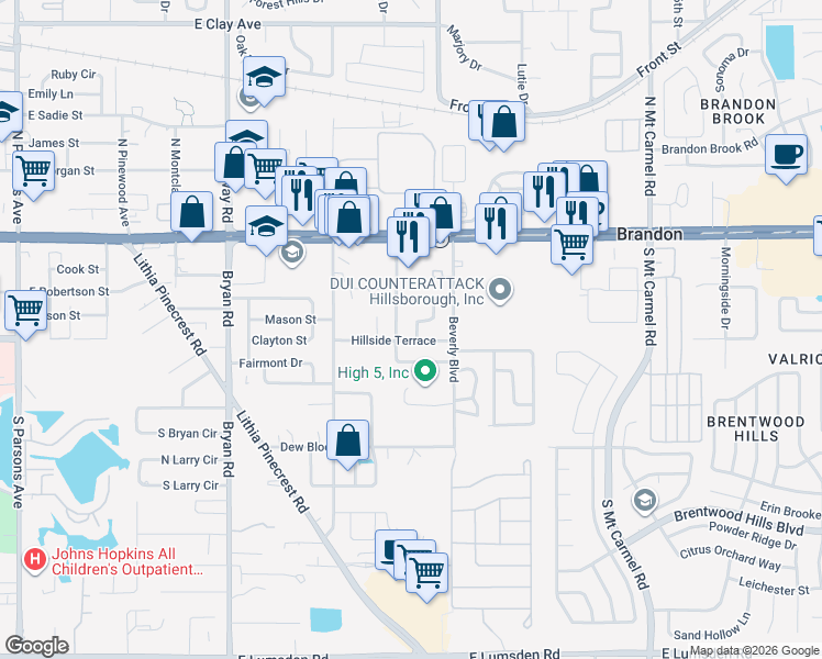 map of restaurants, bars, coffee shops, grocery stores, and more near 319 Kenmore Road in Brandon