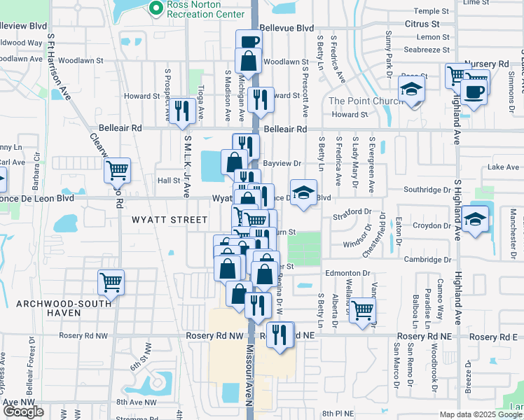 map of restaurants, bars, coffee shops, grocery stores, and more near 1221 Columbus Circle in Clearwater
