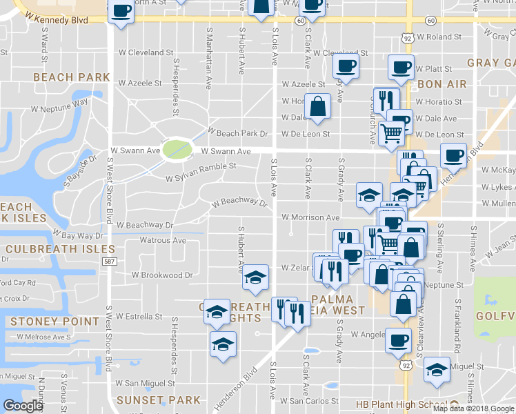 map of restaurants, bars, coffee shops, grocery stores, and more near 4204 West Beachway Drive in Tampa