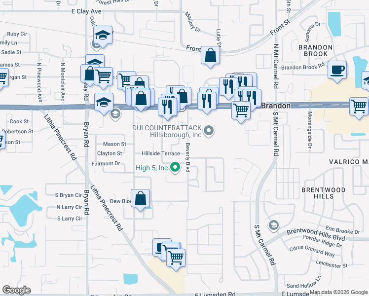 map of restaurants, bars, coffee shops, grocery stores, and more near 311 Beverly Boulevard in Brandon