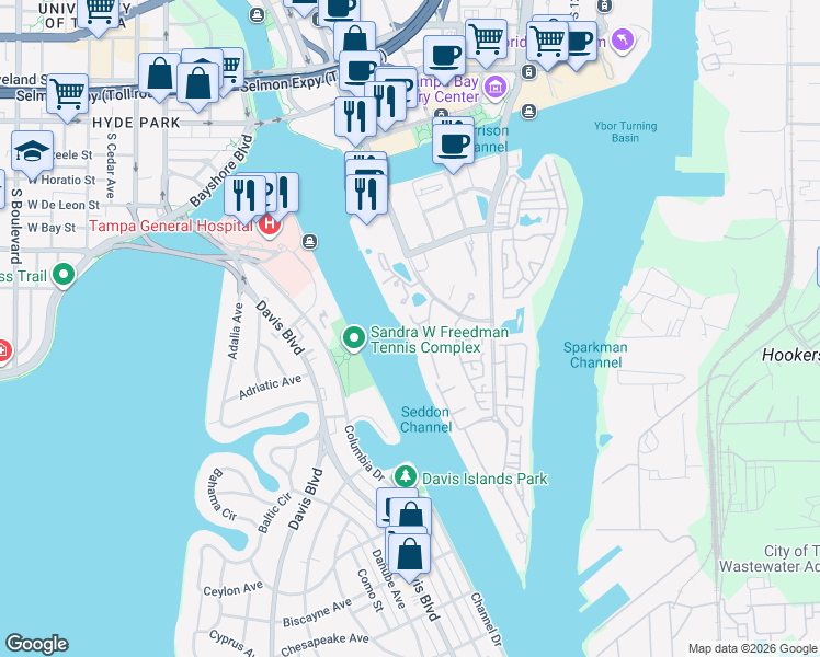 map of restaurants, bars, coffee shops, grocery stores, and more near 911 Mooring Circle in Tampa