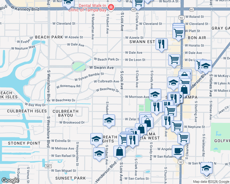 map of restaurants, bars, coffee shops, grocery stores, and more near 4204 West Beachway Drive in Tampa