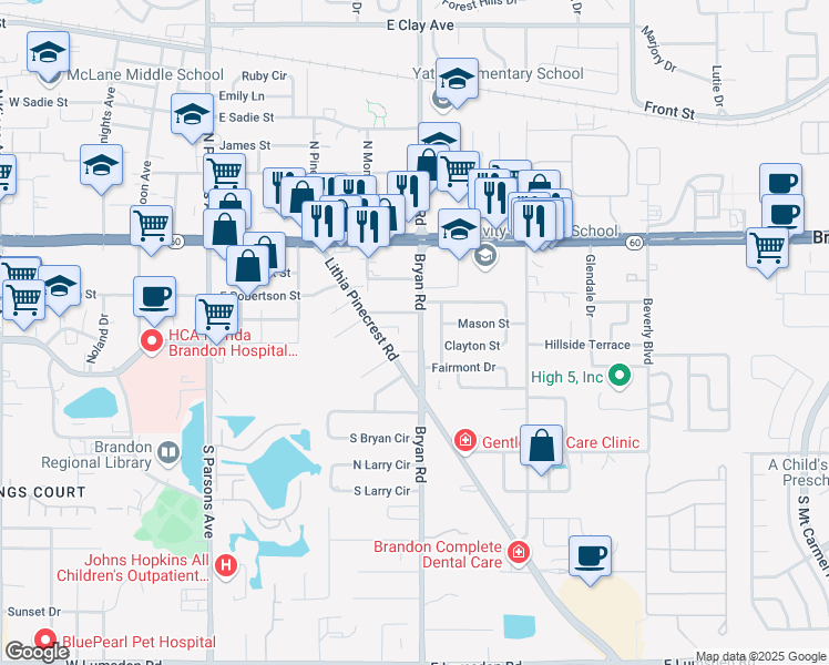 map of restaurants, bars, coffee shops, grocery stores, and more near 210 Bryan Rd in Brandon