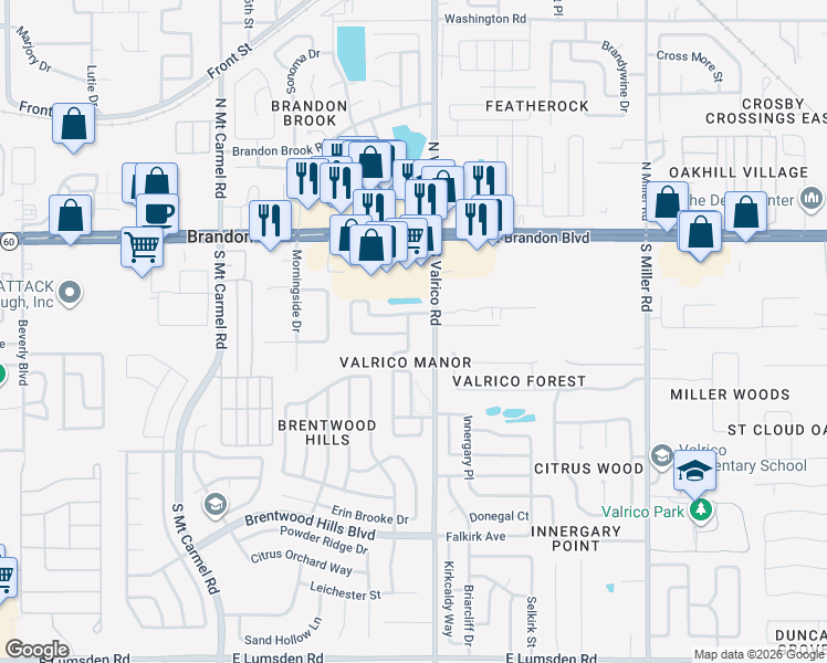 map of restaurants, bars, coffee shops, grocery stores, and more near 1901 Crown Park Drive in Valrico