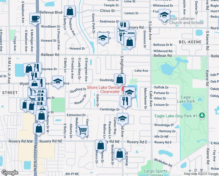 map of restaurants, bars, coffee shops, grocery stores, and more near 1431 Dartmouth Drive in Clearwater