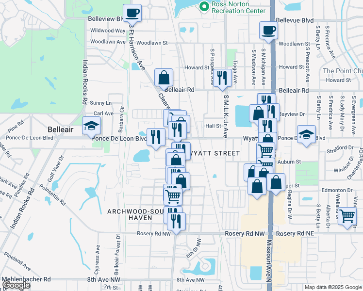 map of restaurants, bars, coffee shops, grocery stores, and more near 1721 Clearwater Largo Road North in Clearwater