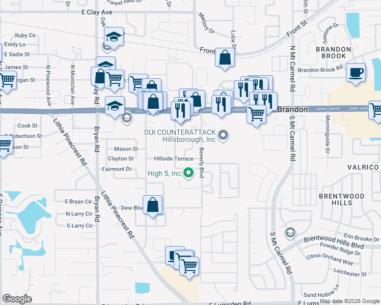 map of restaurants, bars, coffee shops, grocery stores, and more near 311 Beverly Boulevard in Brandon