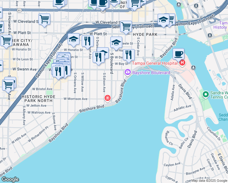 map of restaurants, bars, coffee shops, grocery stores, and more near 832 S Blvd in Tampa