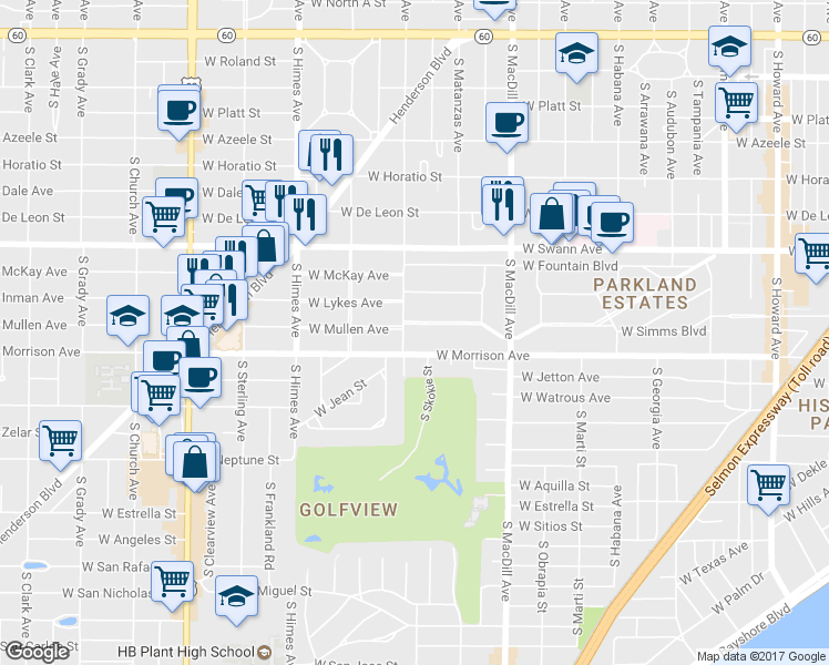 map of restaurants, bars, coffee shops, grocery stores, and more near 3234 West Parkland Boulevard in Tampa
