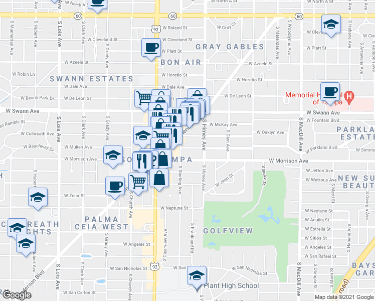 map of restaurants, bars, coffee shops, grocery stores, and more near 3618 West Mullen Avenue in Tampa