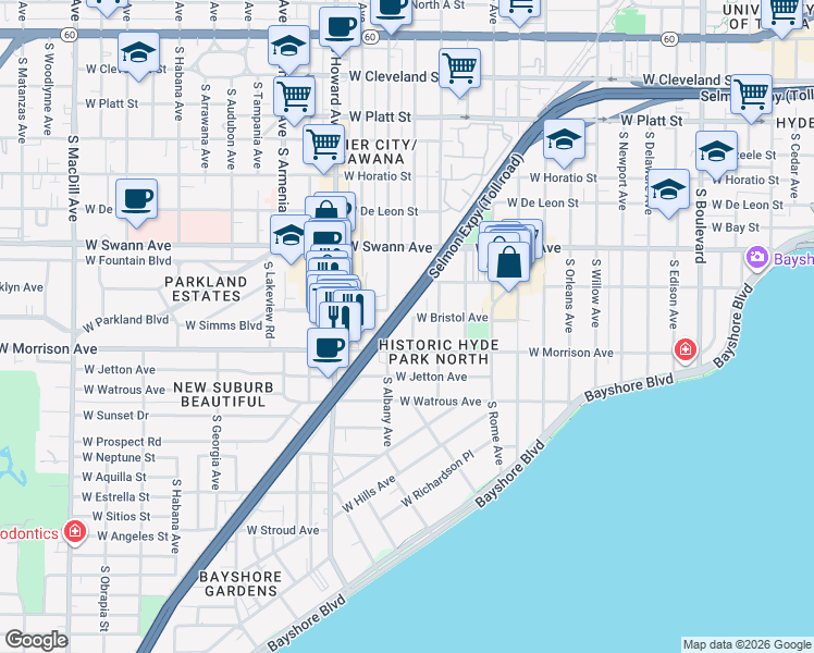 map of restaurants, bars, coffee shops, grocery stores, and more near 905 South Bruce Street in Tampa