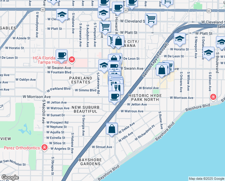 map of restaurants, bars, coffee shops, grocery stores, and more near 2311 West Morrison Avenue in Tampa