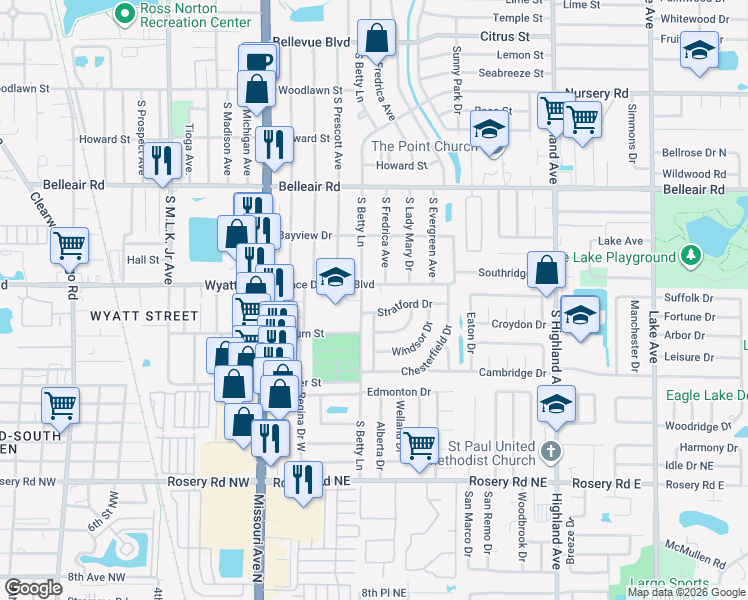 map of restaurants, bars, coffee shops, grocery stores, and more near 1700-1722 South Betty Lane in Clearwater