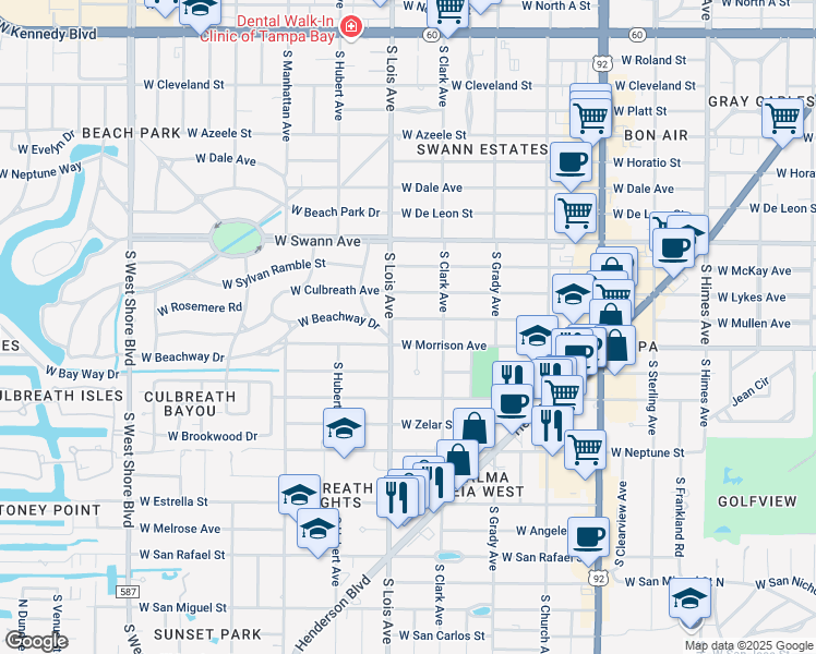 map of restaurants, bars, coffee shops, grocery stores, and more near 4112 West Mullen Avenue in Tampa