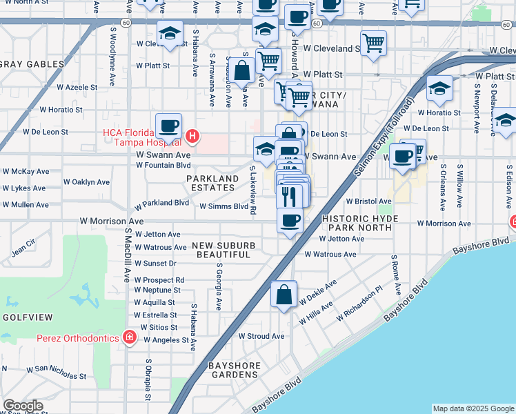 map of restaurants, bars, coffee shops, grocery stores, and more near 904 South Lakeview Road in Tampa