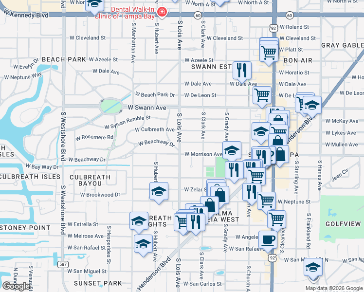 map of restaurants, bars, coffee shops, grocery stores, and more near 4116 W Mullen Ave in Tampa