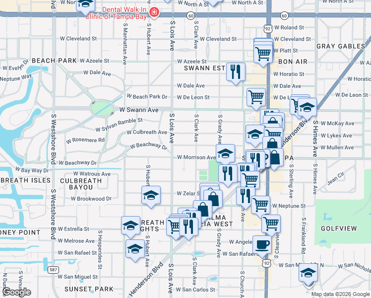 map of restaurants, bars, coffee shops, grocery stores, and more near 4112 West Mullen Avenue in Tampa