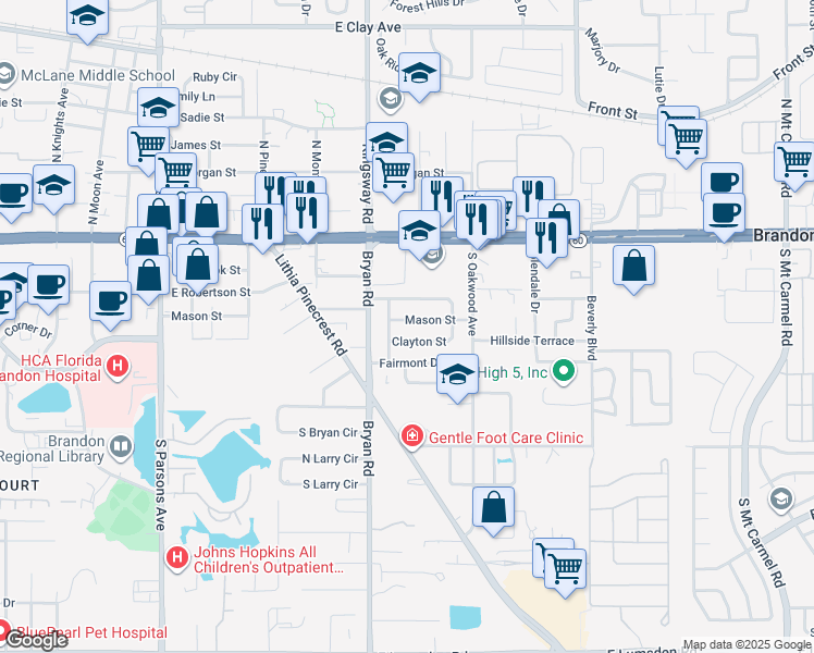 map of restaurants, bars, coffee shops, grocery stores, and more near 211 Harmony Lane in Brandon