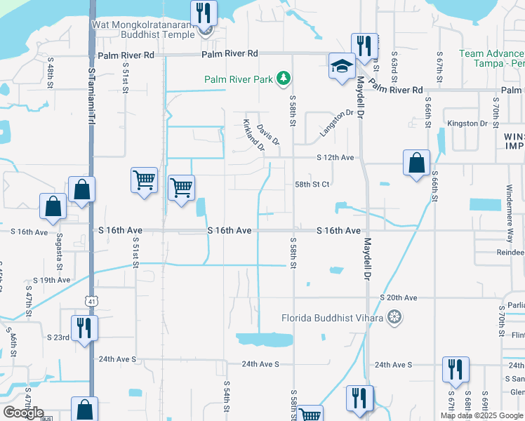 map of restaurants, bars, coffee shops, grocery stores, and more near 5548 South 16th Avenue in Tampa