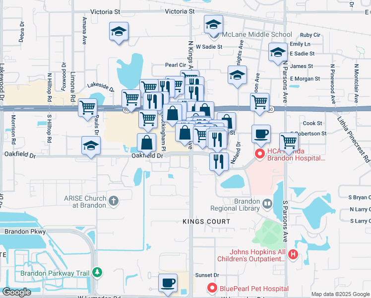 map of restaurants, bars, coffee shops, grocery stores, and more near 210 South Kings Avenue in Brandon