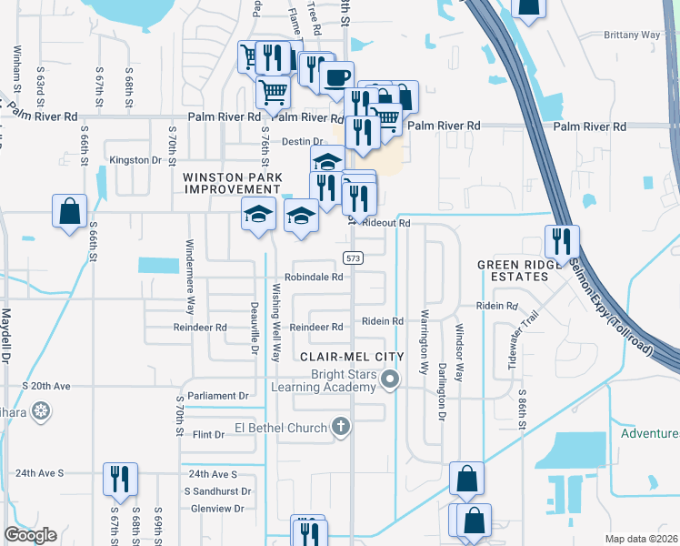 map of restaurants, bars, coffee shops, grocery stores, and more near 7702 Robindale Road in Tampa
