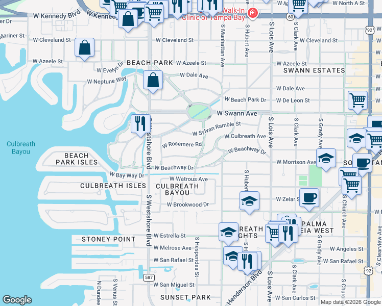 map of restaurants, bars, coffee shops, grocery stores, and more near 4507 West Culbreath Avenue in Tampa