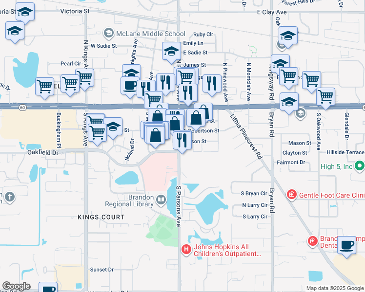 map of restaurants, bars, coffee shops, grocery stores, and more near 305 South Parsons Avenue in Brandon