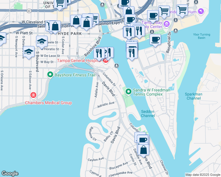map of restaurants, bars, coffee shops, grocery stores, and more near 43 Davis Boulevard in Tampa