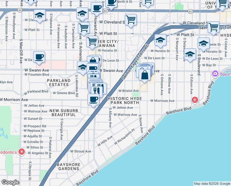 map of restaurants, bars, coffee shops, grocery stores, and more near 905 South Bruce Street in Tampa