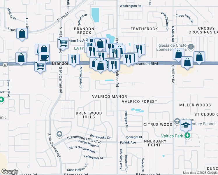 map of restaurants, bars, coffee shops, grocery stores, and more near 1901 Crown Park Drive in Valrico