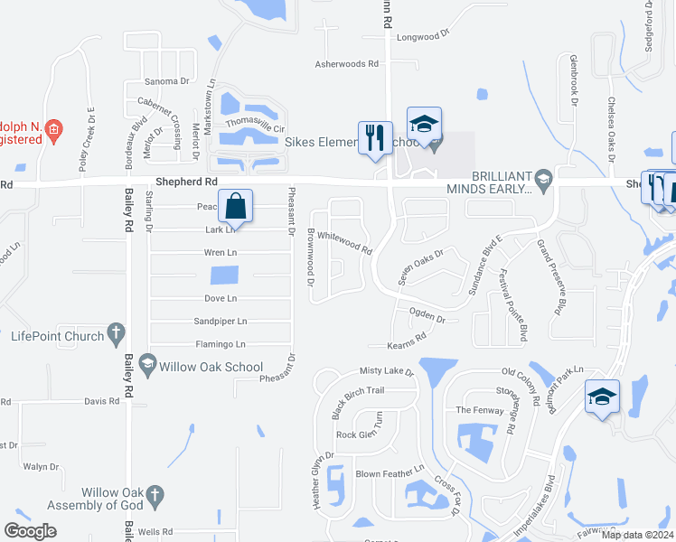 map of restaurants, bars, coffee shops, grocery stores, and more near 2503 Preserve Court in Mulberry
