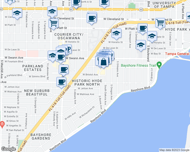 map of restaurants, bars, coffee shops, grocery stores, and more near 900 South Packwood Avenue in Tampa