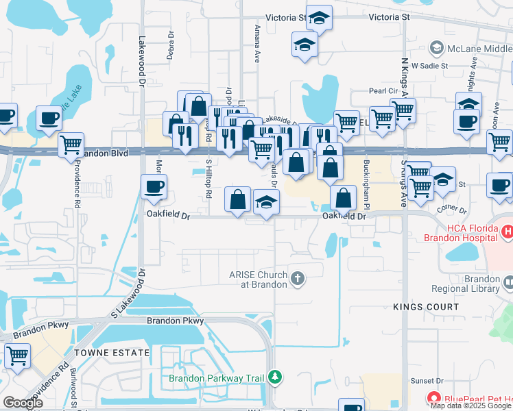 map of restaurants, bars, coffee shops, grocery stores, and more near 1320 Oakfield Drive in Brandon